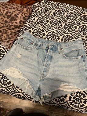 Levi's Light Blue High-Waist Distressed Denim Shorts